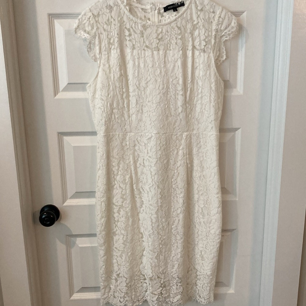 White Sheath Lace Dress with Flutter Cap Sleeves - Picture 6 of 10
